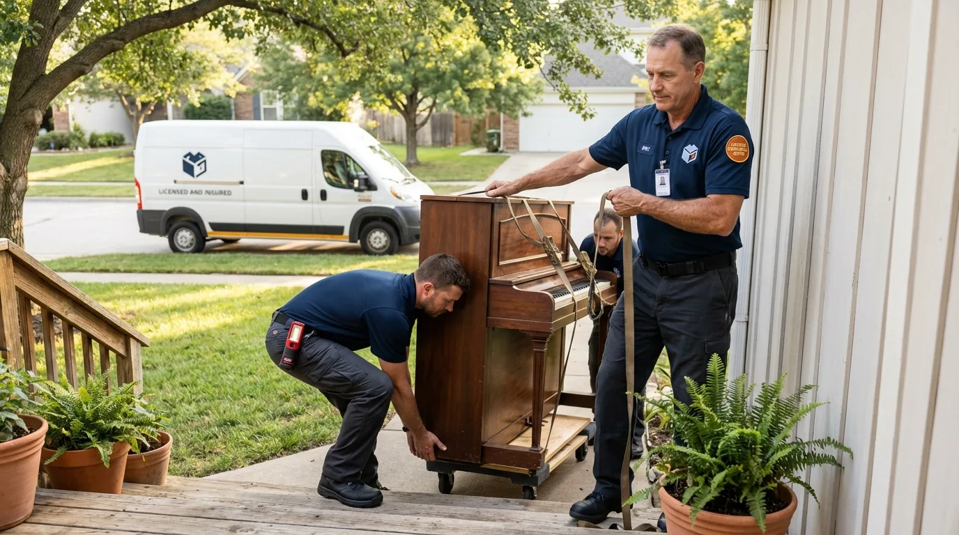 Licensed piano movers securing grand piano in Wilburton, OK