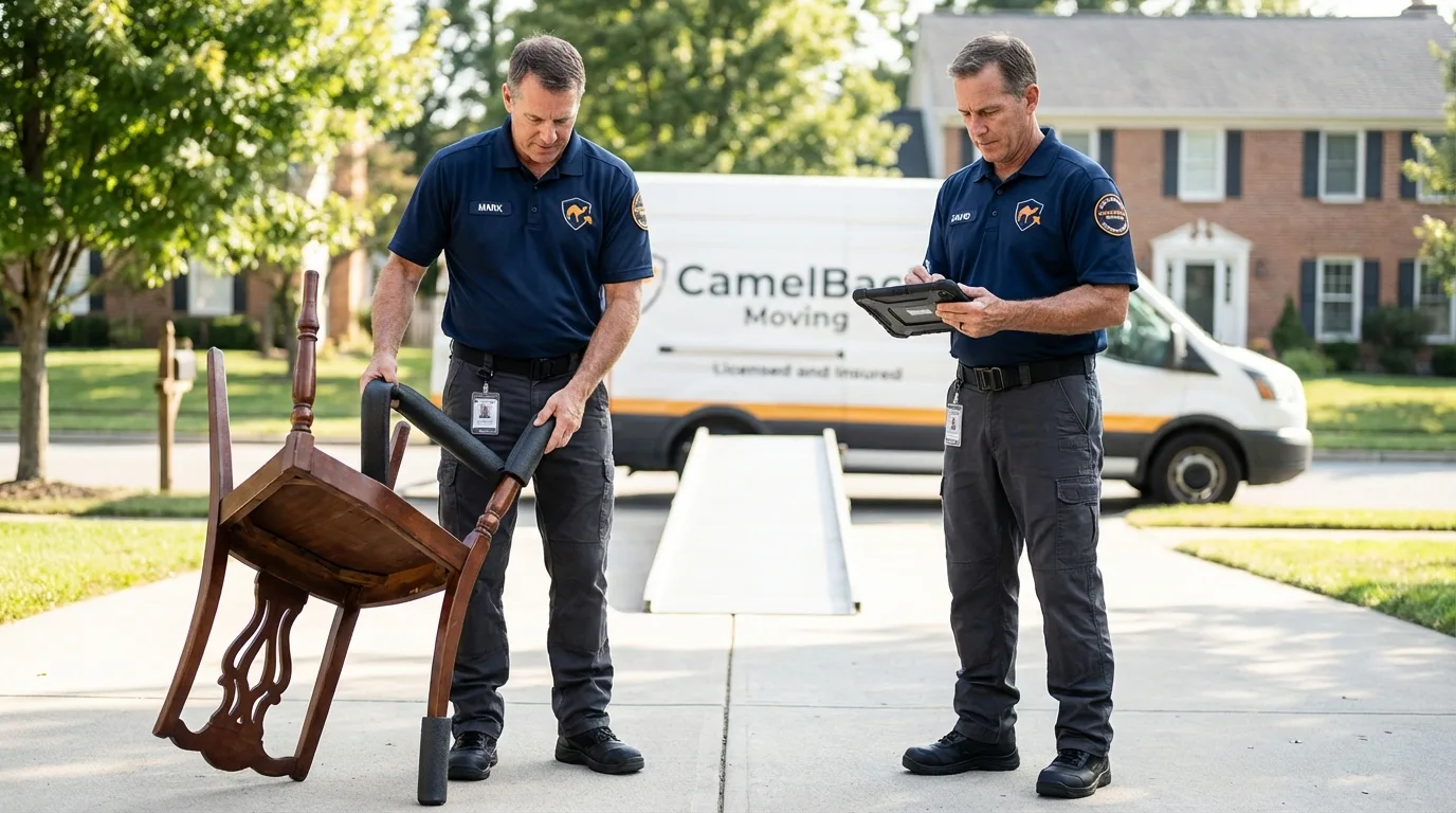 Movers inspecting furniture for damage prevention before loading in Wilburton, OK