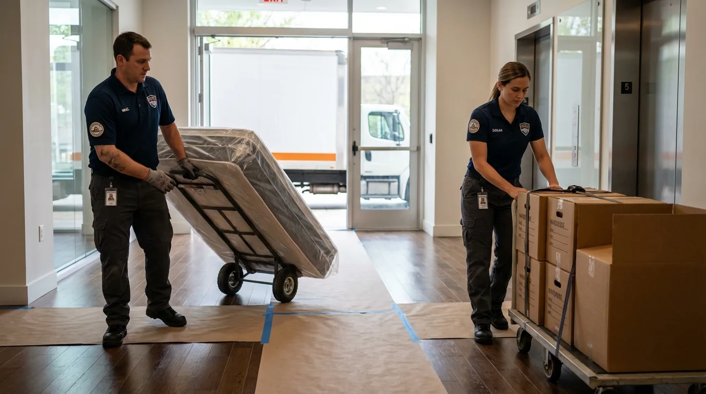 Professional apartment movers loading elevator in Wilburton, OK