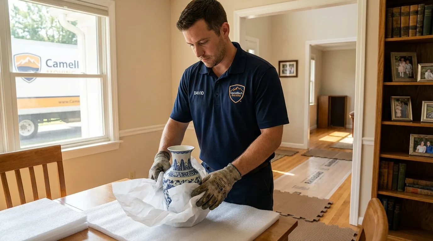 Professional crew carefully wrapping antique vase for senior downsizing move in Wilburton, OK